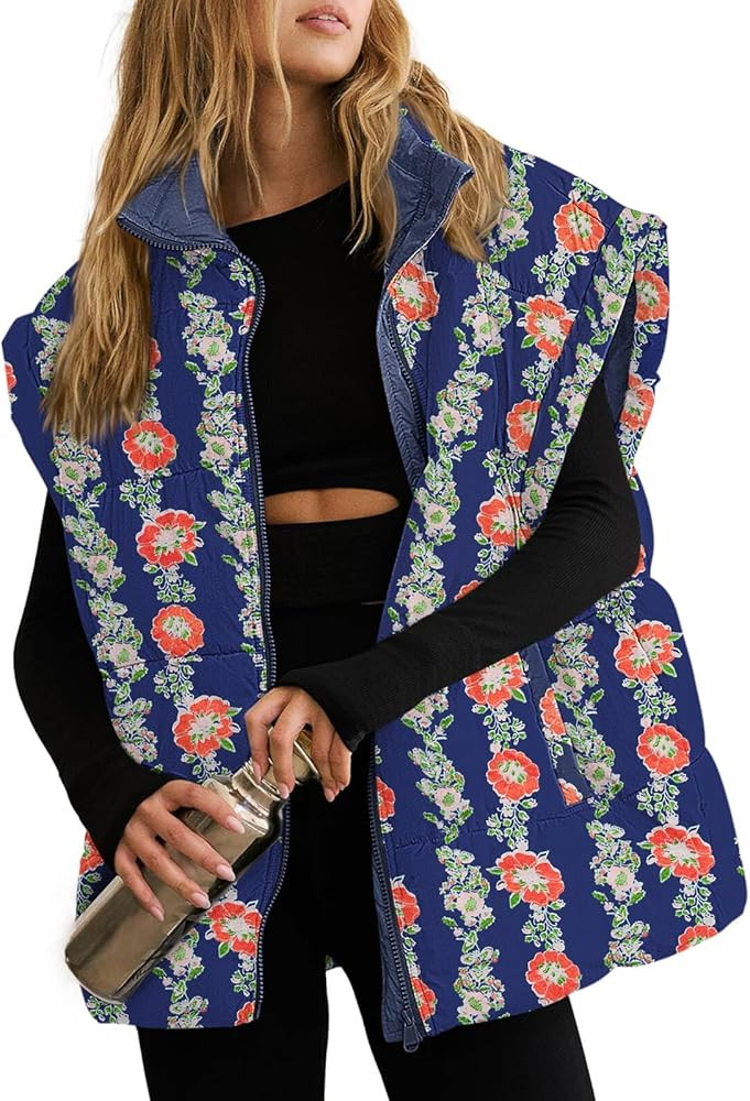 Tankaneo Womens Floral Oversized Puffer Vest Cap Sleeve Winter Warm Puffy Quilted Jackets Coat | Amazon (US)
