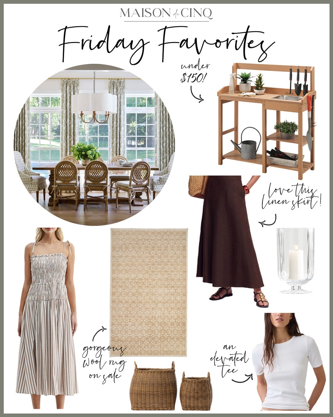 So many great finds this week on Friday Favorites like the cutest dress under $50, an elevated tee, a potting bench under &150, plus wool rugs and tables half off, plus so much more!

Home decor, summer decor, area rugs, wool rug, outdoor furniture, linen skier, maxi skirt, basket planters

#LTKSeasonal #LTKHome #LTKSaleAlert