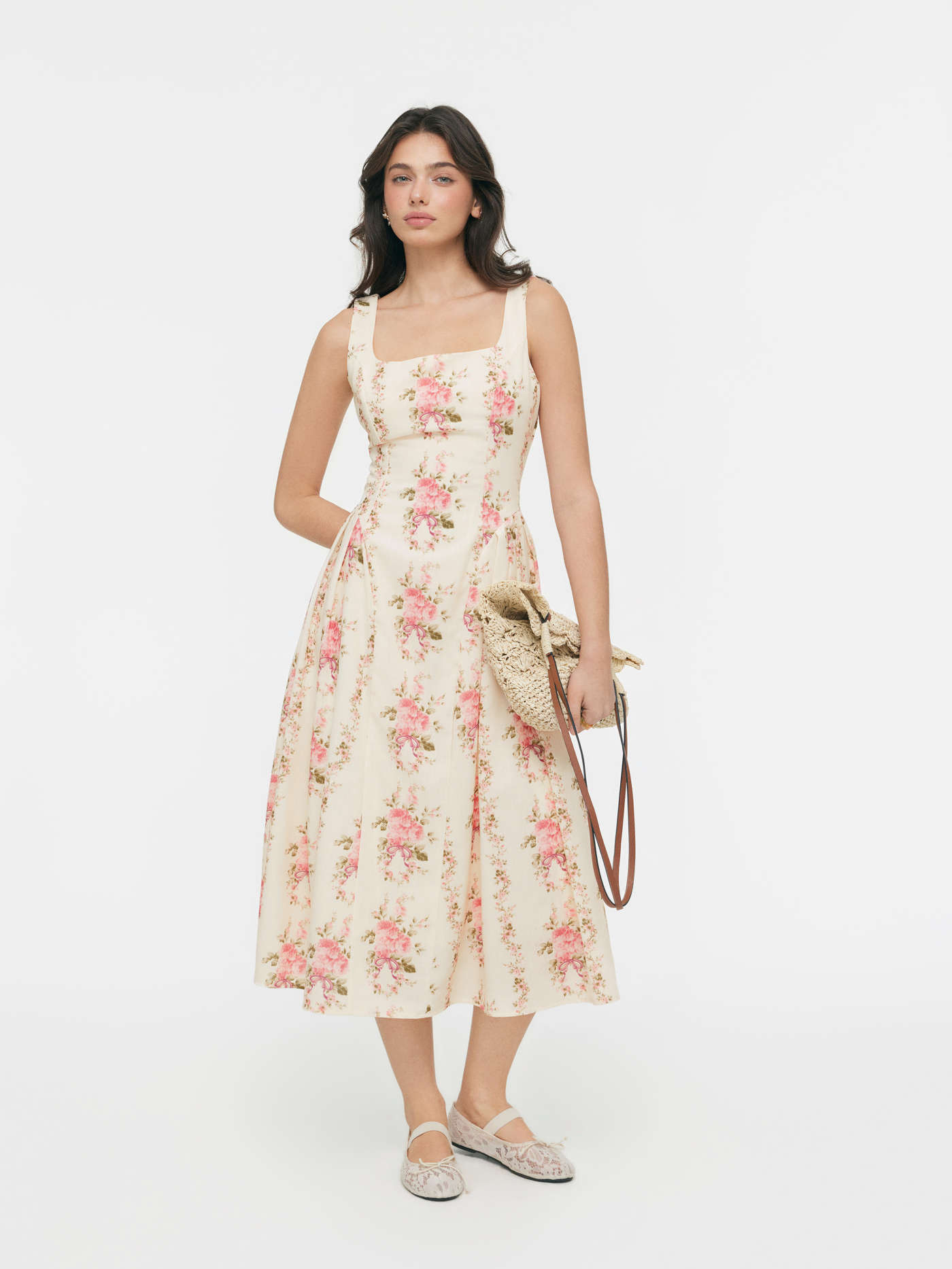 Woven Floral Square Neck Flared Maxi Dress For Daily Casual Date | Cider