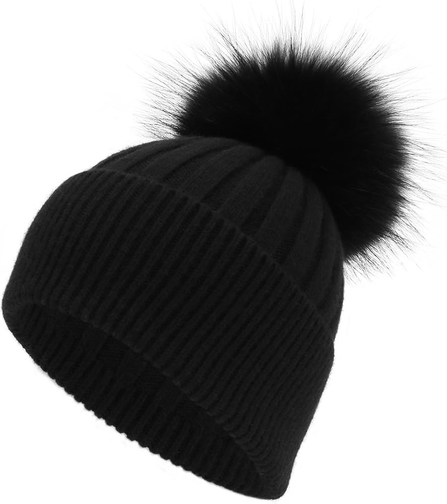 Women's Real Fur Pom Pom Beanie Hat - Soft Winter Ribbed Knit Cuffed Beanie Skull Cap Hat with Fu... | Amazon (US)