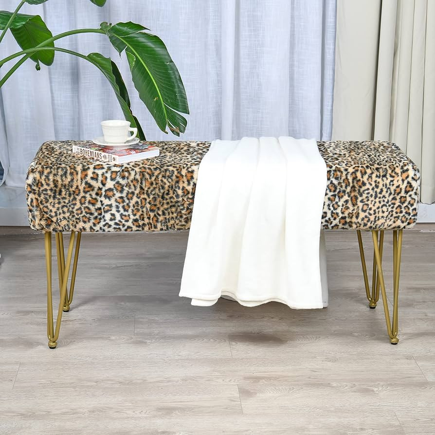 Leopard Print Long Rectangle Faux Fur Ottoman Entryway Bench Soft Furry Footrest Stool 46"x16"x22... | Amazon (US)