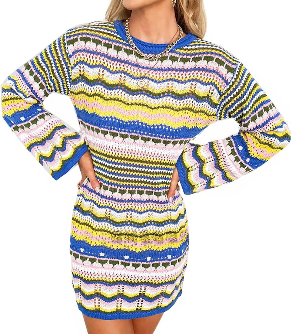 Rainbow Striped Long Sleeve Crochet Striped Mini Casual Sweater Dress Women Color Block Fall Swea... | Amazon (US)