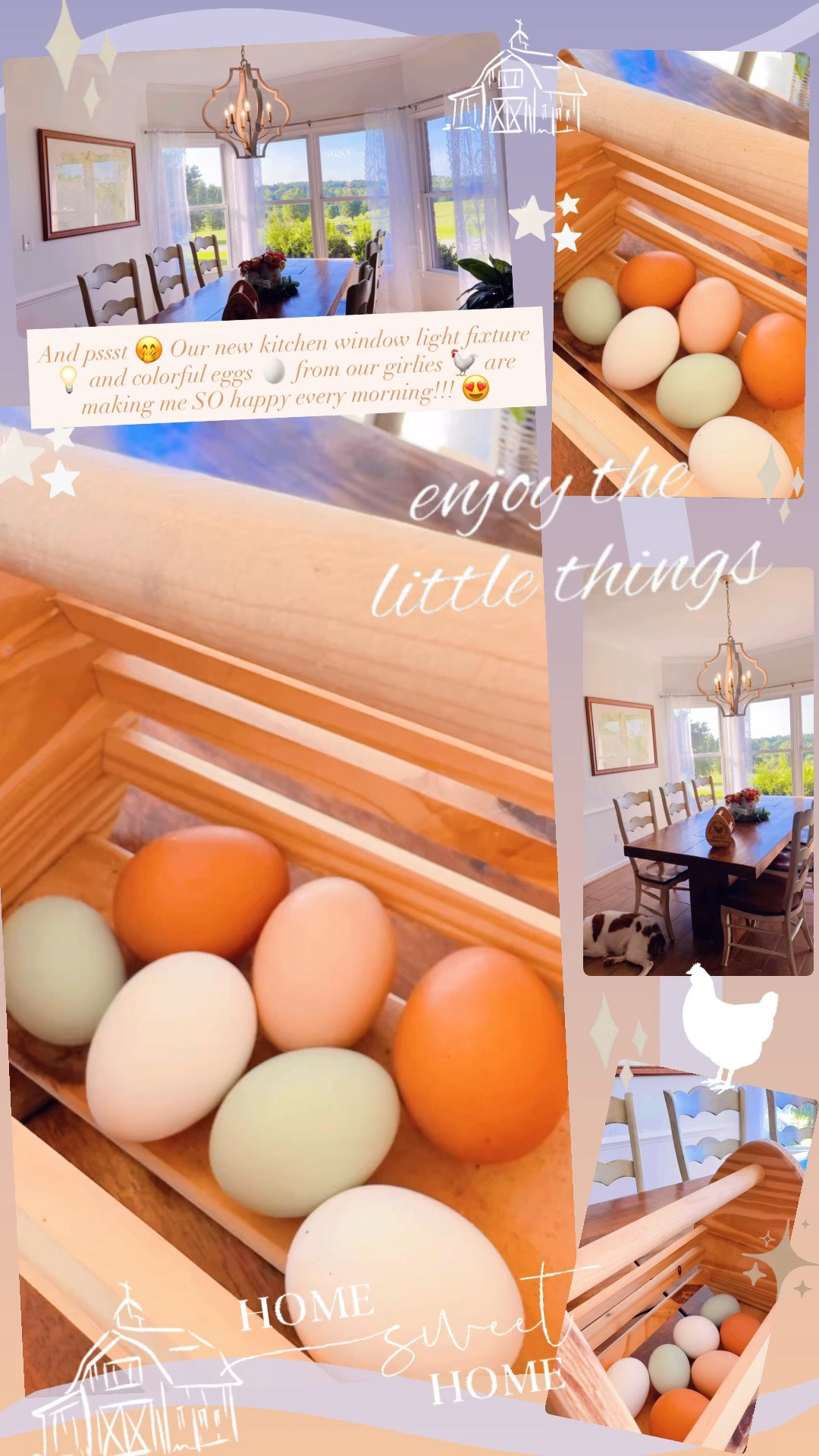 And pssst 🤭 Our new kitchen window light fixture 💡 and colorful eggs 🥚 from our girlies 🐓 are making me SO happy every morning!!! 😍