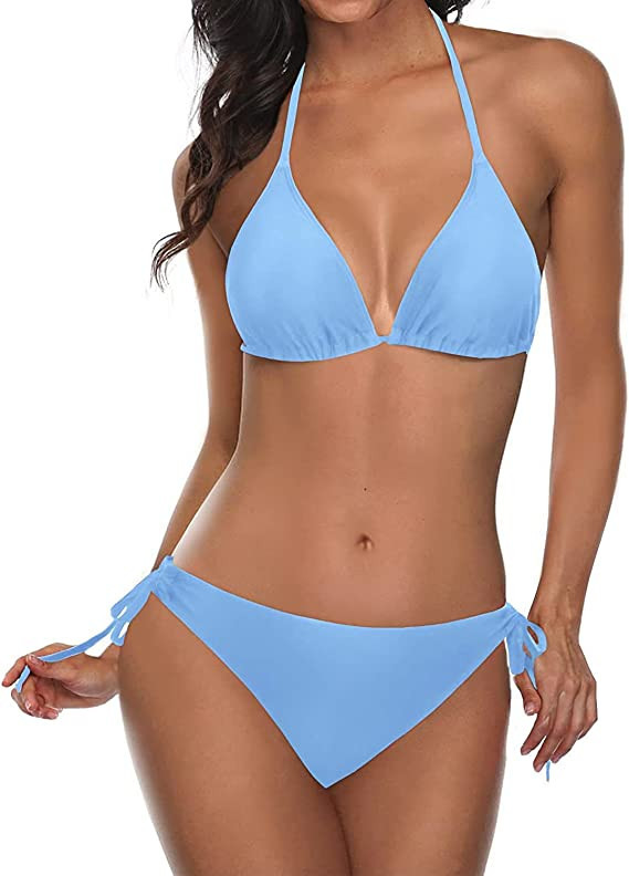 Tempt Me Women Two Piece Halter Padded Top Tie Side Bottom Triangle Bikini Bathing Suit | Amazon (US)