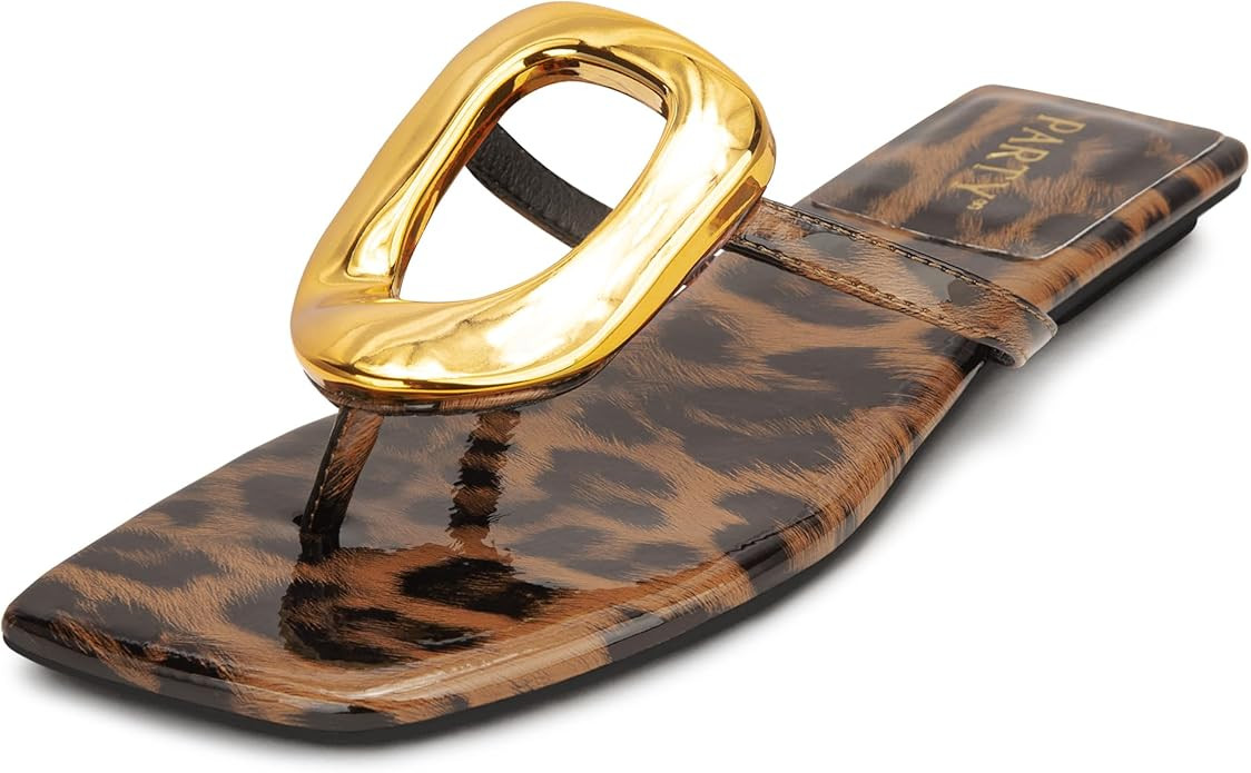 PARTY Square Toe Flip Flops Women,Fashion Designer Thong Sandals with Gold Buckle Trendy Summer C... | Amazon (US)