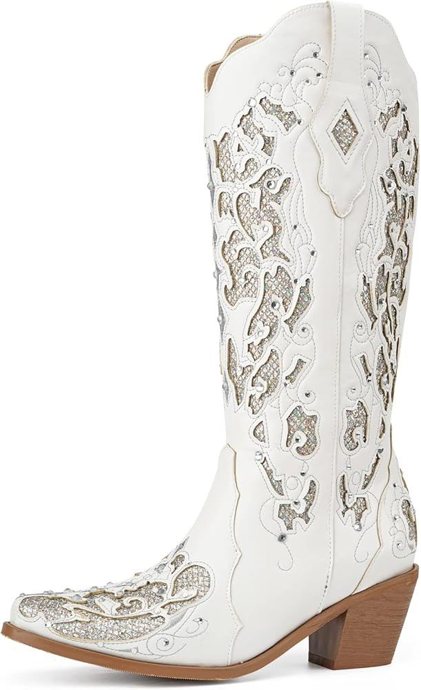 SO SIMPOK Women Glitter Inlay Rhinestones Cowgirl Cowboy Boots Embroidered Mid Calf Boots Work We... | Amazon (US)
