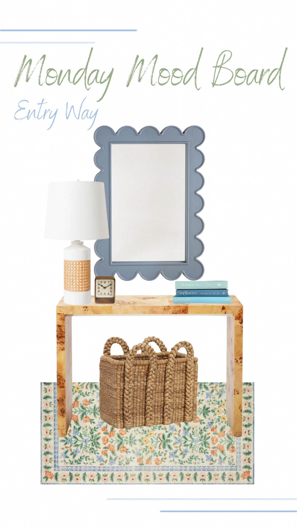 Monday Mood Board series is back with an entry way inspiration!
.
.
This Target table is back in stock as of today! I am obsessed with this scalloped mirror and think it’s the perfection updated addition to any space. 
.
.
No entryway is complete without storage (hello shoes!) a clock for a time check and a lamp. 
.
.
#entrywaystyle #entryway #grandmillenialdesign #updatedtraditional

#LTKfamily #LTKhome #LTKunder50