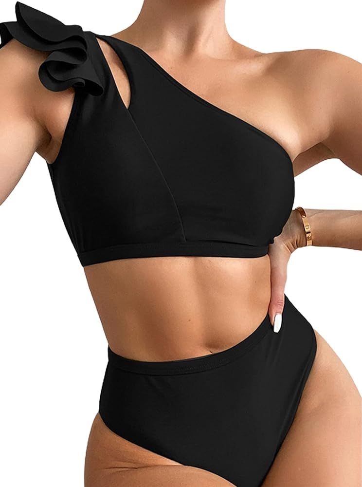 ATHMILE Ruffle Trim Bikini Set for Women One Shoulder Swimsuits High Waisted Two Piece Bathing Suits | Amazon (US)