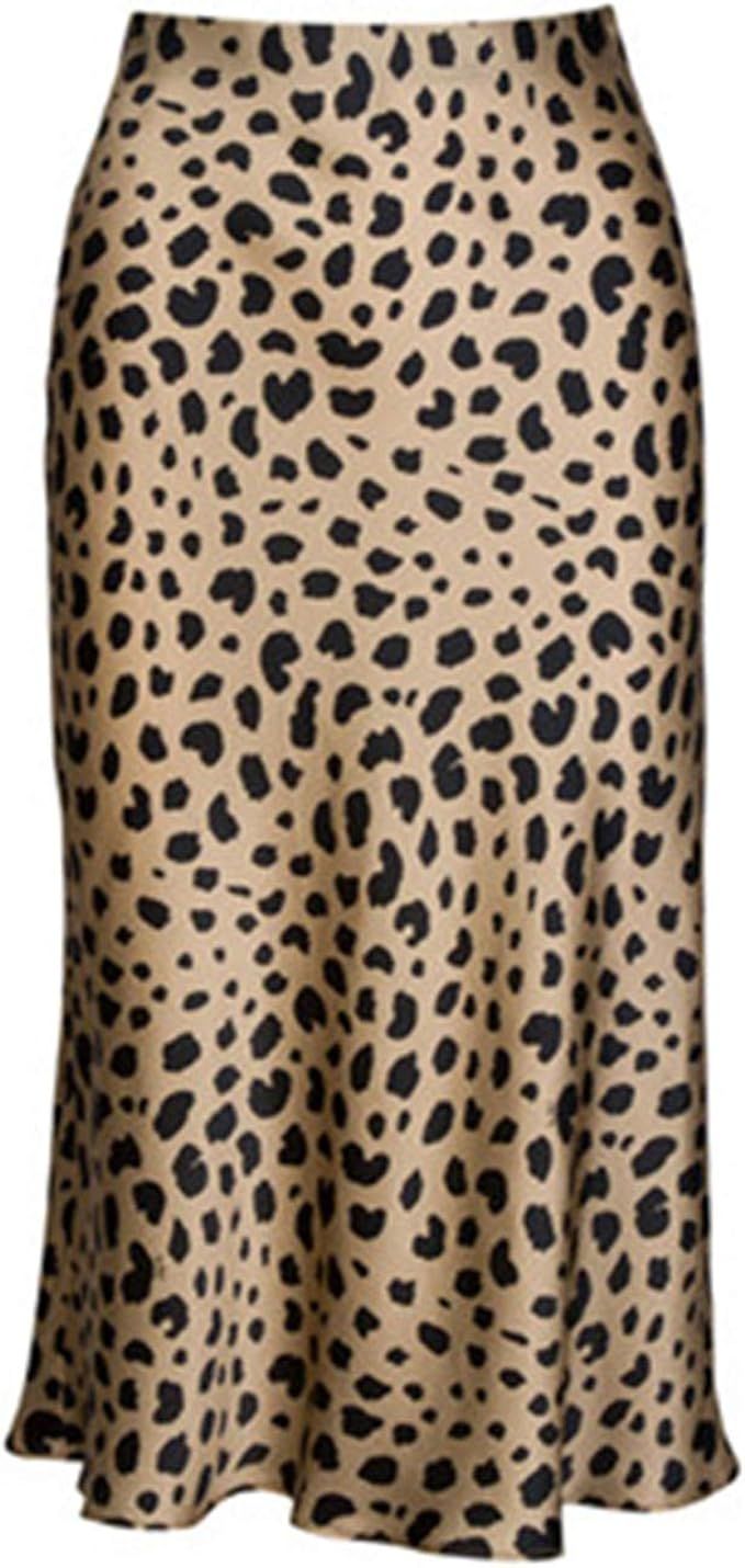 Pajamasea High Waist Leopard Midi Skirt Hidden Elasticized Waistband Silk Satin Skirts | Amazon (US)
