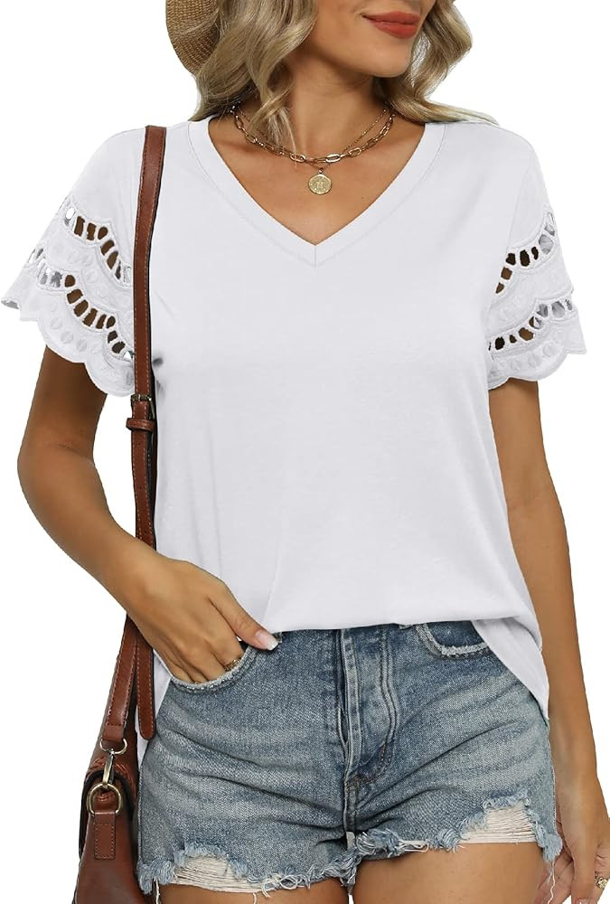 WIHOLL Women Lace Short Sleeve Shirts Dressy Casual Tops Summer Tee Shirt | Amazon (US)