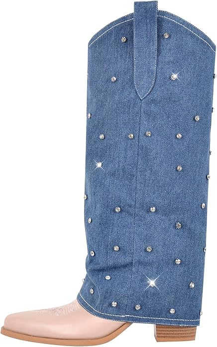 Yolkomo Cowboy Cowgirl Boots for Women Knee High Denim Boots | Amazon (US)