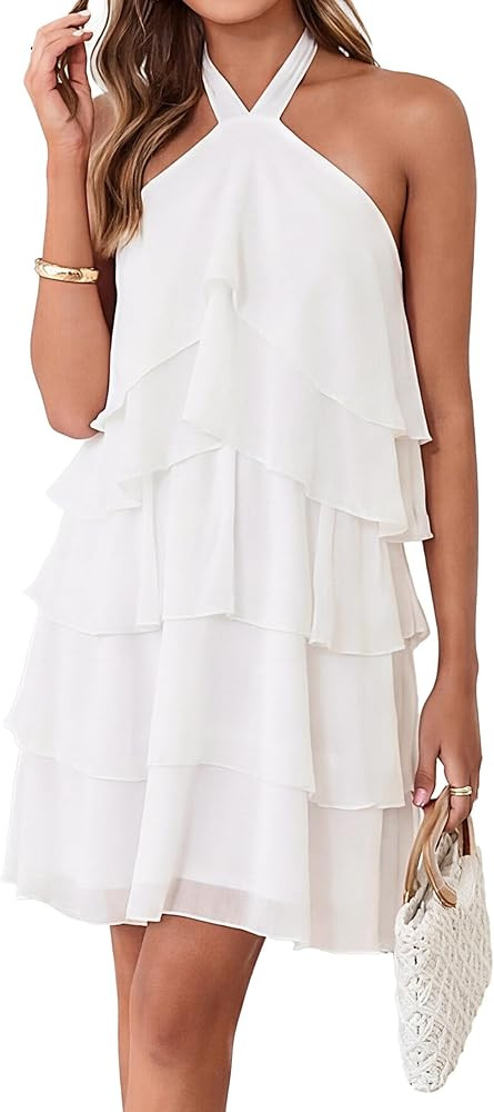 Simplee Womens Summer Floral Mini Dress Casual Sleeveless Halter Ruffle Tiered Chiffon Boho Beach... | Amazon (US)
