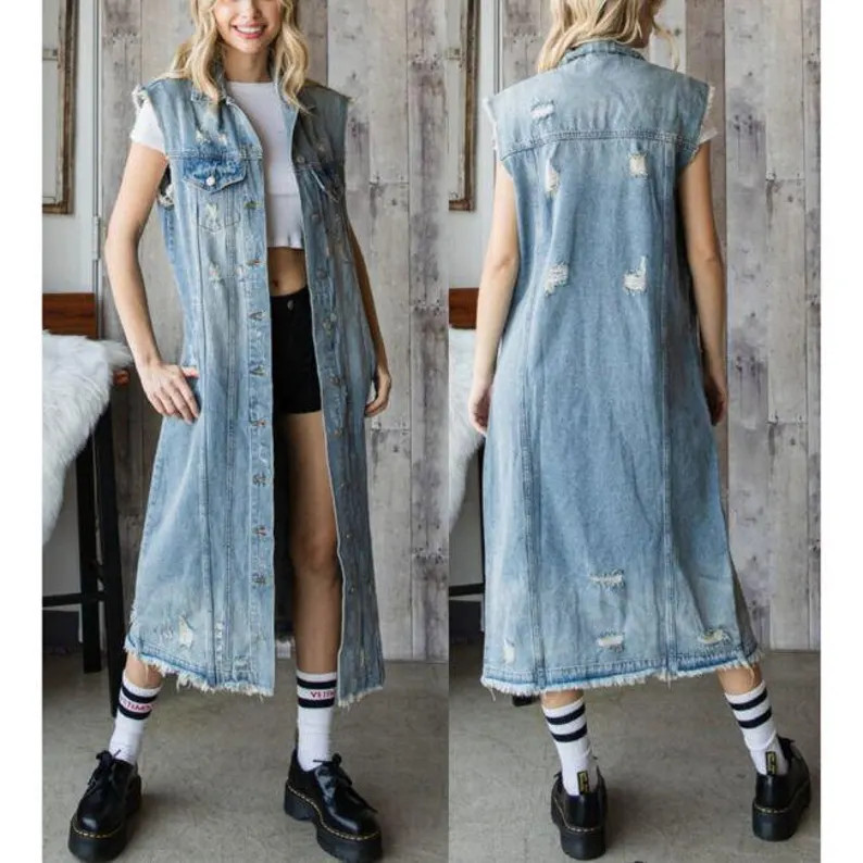 Distressed Ripped Vintage Blue Denim Long Maxi Jean Vest Jacket Sleeveless Vest Coat Outerwear - ... | Etsy (Global)