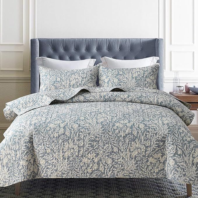 Bluish Grey Botanical Quilt Set Queen Size 3Pcs, Bluish Grey Printed with Beige Leaves Pattern, A... | Amazon (US)