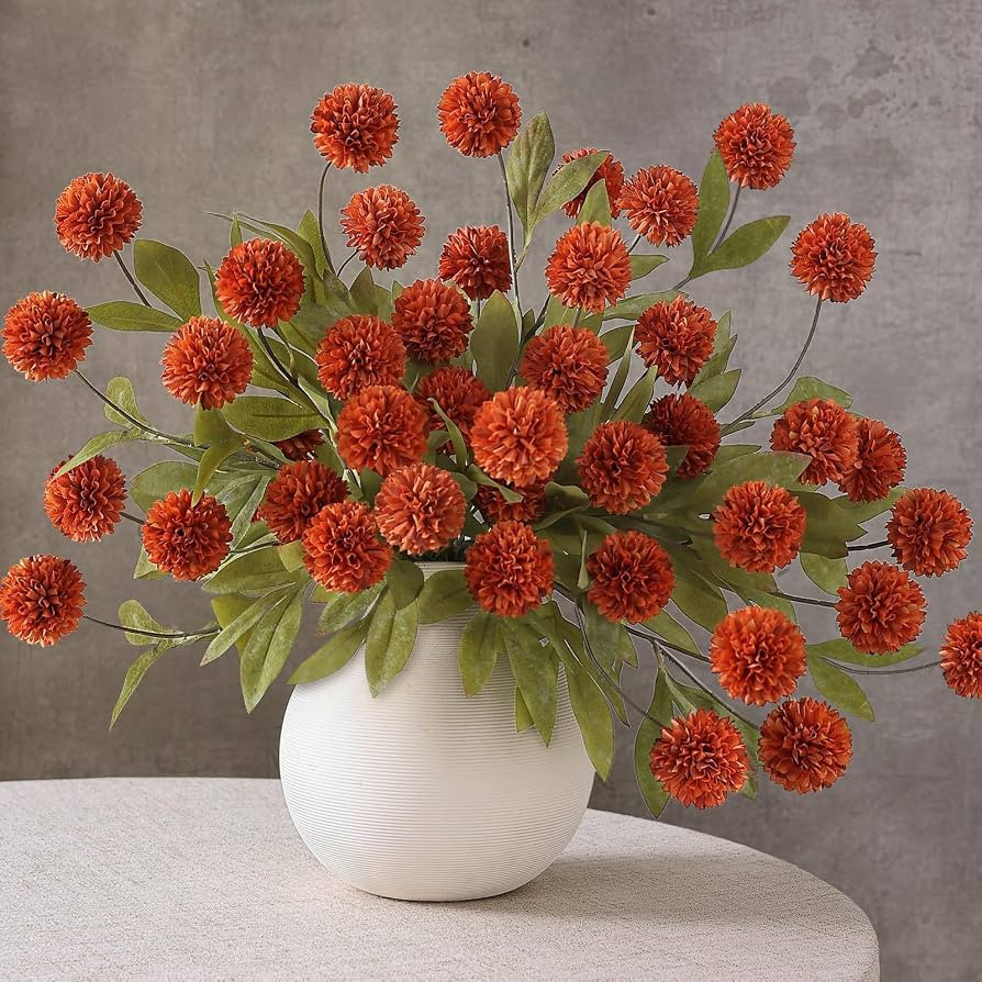 12Pcs 27"Artificial Fall Pompon Mum Stem Silk Flower for Vase Decor(Orange) | Amazon (US)