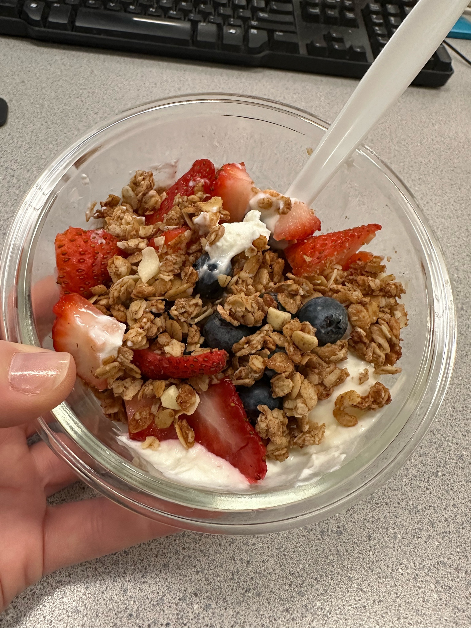 Breakfast idea. Or lunch! Plain Greek yogurt with a drizzle of honey, granola, strawberries and blueberries. Love this Tupperware too. Glass and convenient for travel  

#LTKWorkwear #LTKFitness #LTKTravel