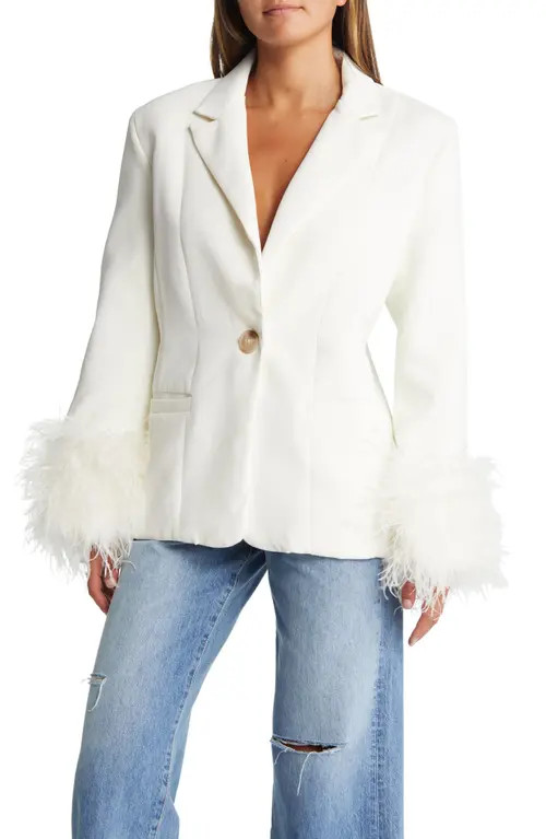 HOUSE OF CB Feather Trim Oversize Crepe Blazer in Ivory at Nordstrom, Size Small | Nordstrom