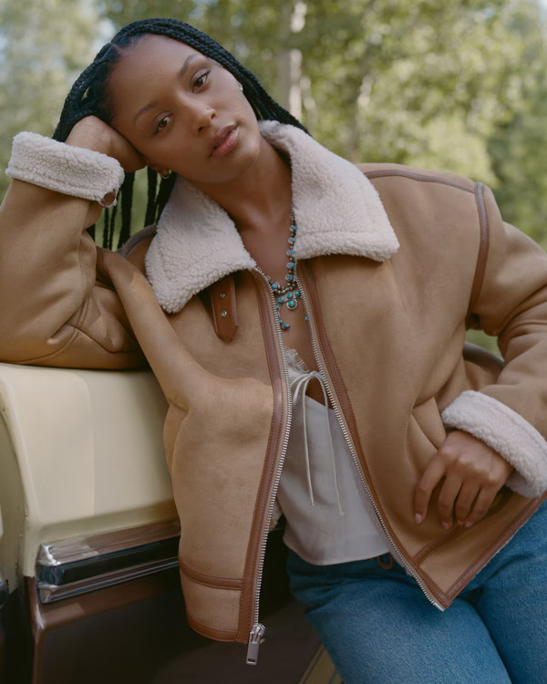 Women's Short Vegan Suede Shearling Coat | Women's Coats & Jackets | Abercrombie.com | Abercrombie & Fitch (US)