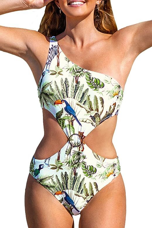 CUPSHE Women's One Piece Swimsuit Leaf Print One Shoulder Cutout Bathing Suit | Amazon (US)