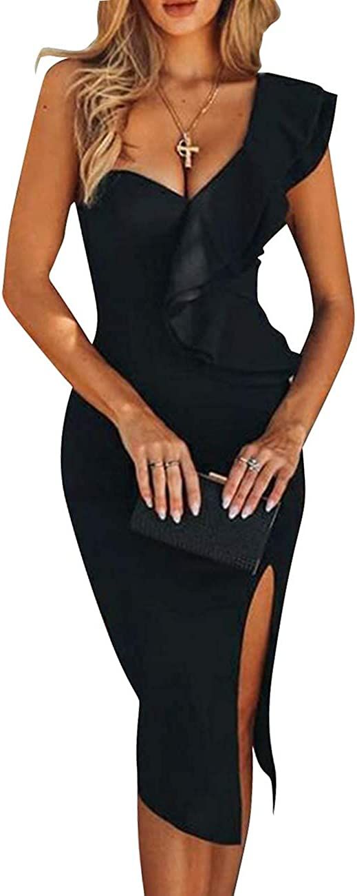 Amazon.com: UONBOX Women's One Shoulder Sleeveless Knee Length Side Split Fashion Bandage Dress B... | Amazon (US)