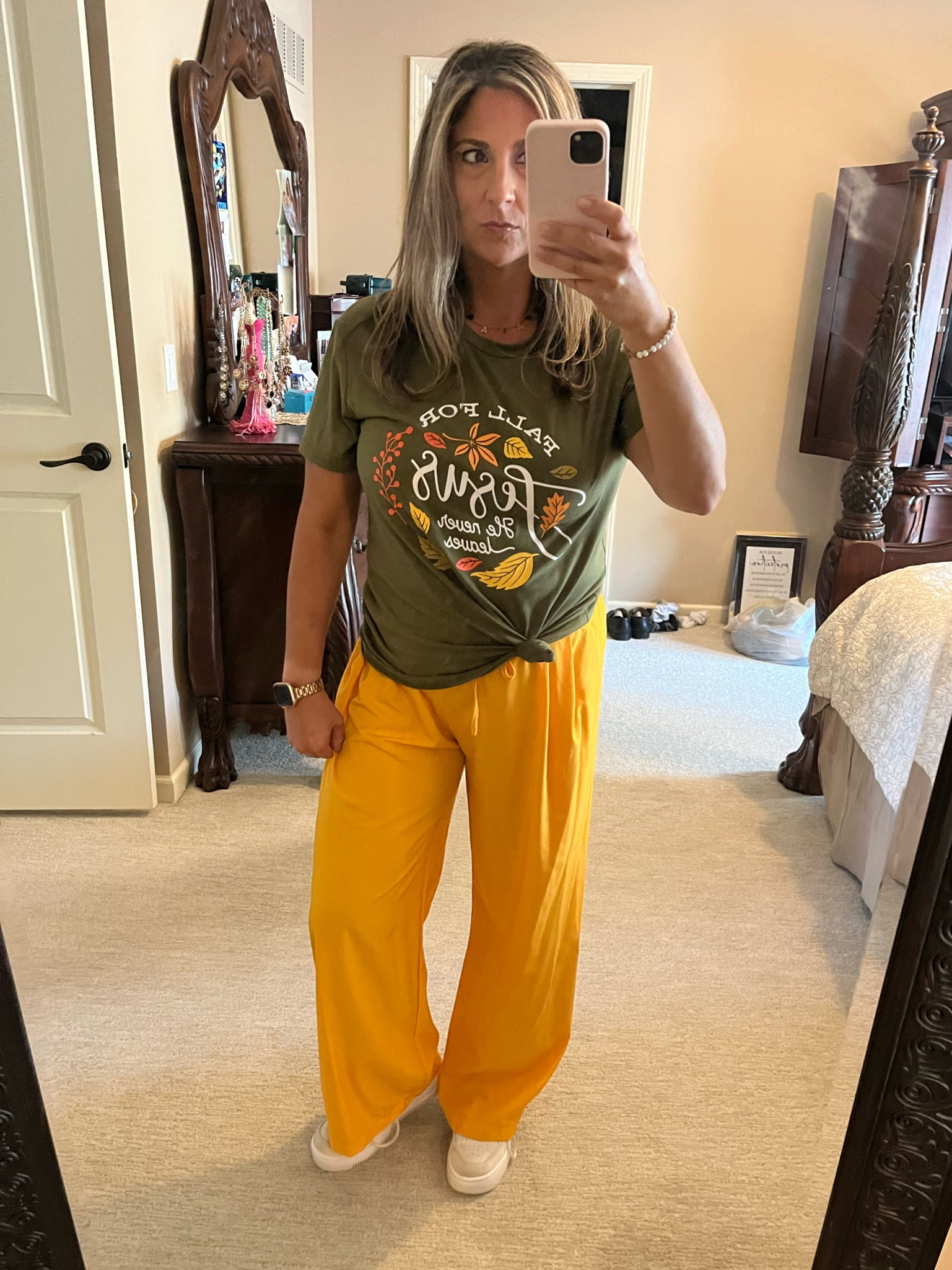 Fall For Jesus He Never Leaves 🍁 
#fall #autumn #falllooks #fallfashion #faithshirt #mustardpants #teacherfashion #workattire

#LTKStyleTip #LTKSeasonal #LTKWorkwear