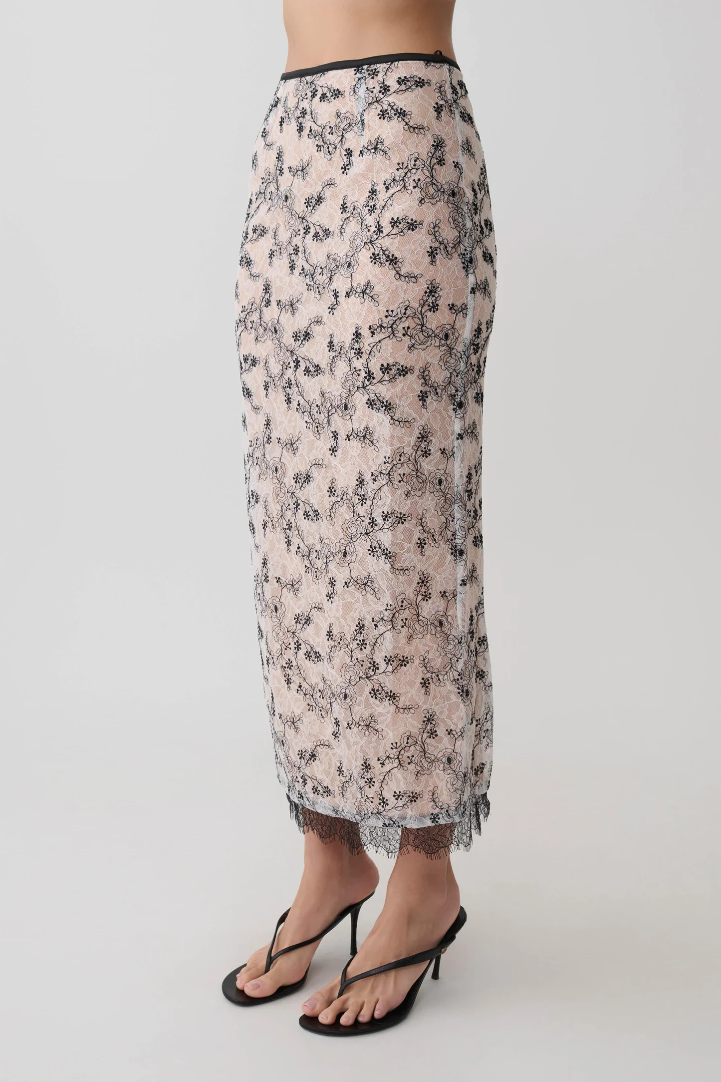 Kimberly Lace Pencil Midi Skirt - Nude Lace | Meshki UK