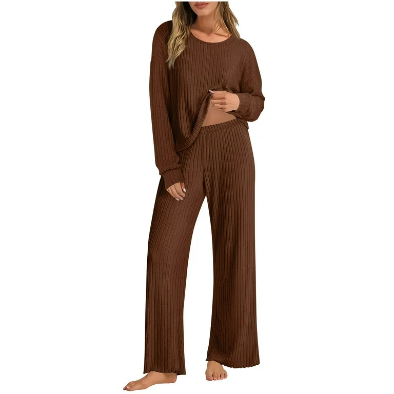 FAIWAD Womens Pajama Sets 2 Piece Ribbed Knit Lounge Sets Soft Long Sleeve Top and Pants Outfits ... | Walmart (US)