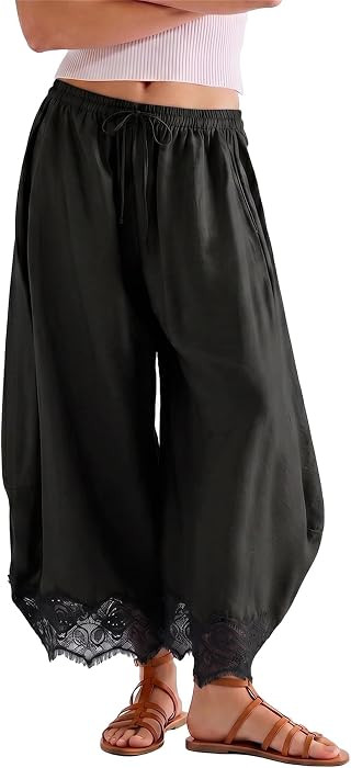 SeeLuNa Comfy Women's Pants Cropped Lace Hem Pants Summer Boho Drawstring High Rise Wide Leg Lounge Trousers with Pockets(Black,XS) | Amazon (US)