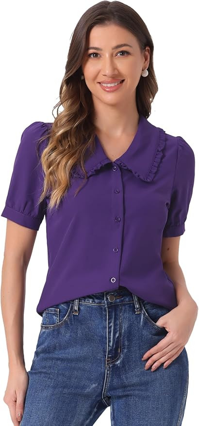 Allegra K Women's Peter Pan Collar Shirt Puff Short Sleeve Retro Vintage Blouse | Amazon (US)
