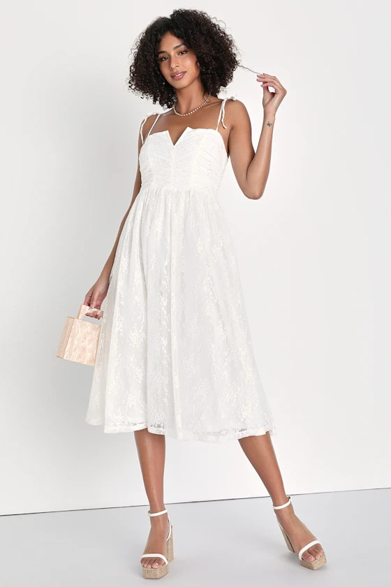 Charismatic Sweetie White Lace Ruched Tie-Strap Midi Dress | Lulus