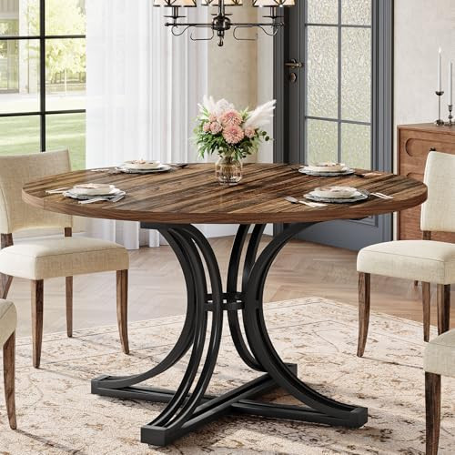Tribesigns Round Dining Table, 46.5-Inch Dining Room Table for 4-6 People, Farmhouse Kitchen Table with Metal Base, Wood Circle Dinner Table for Living Room, Kitchen, Rustic Brown | Amazon (US)
