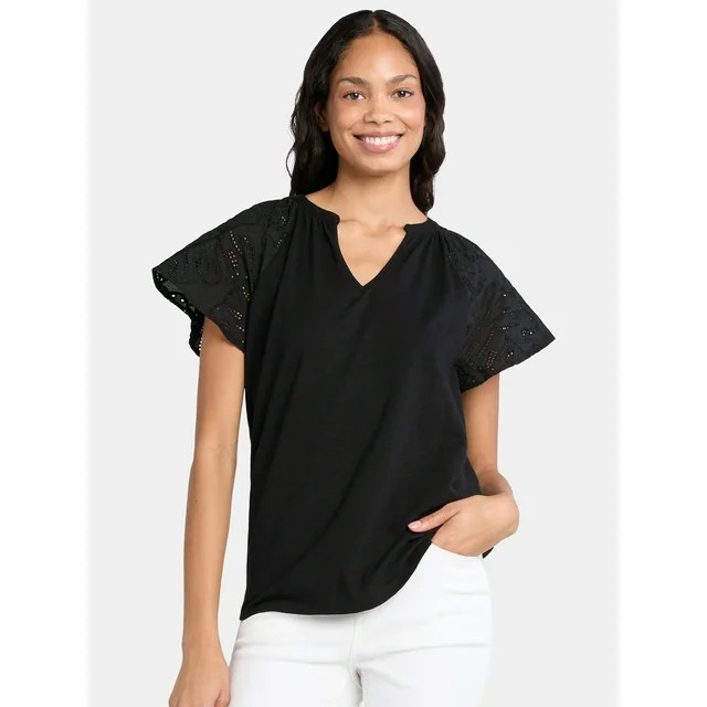 Time Tru Women's Mixed Media Cotton Top with Eyelet Flutter Sleeves, Sizes XS-XXXL | Walmart (US)
