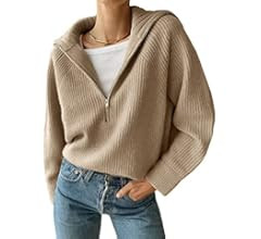 BTFBM Women’s Casual Long Sleeve Half Zip Pullover Sweaters Solid V Neck Collar Ribbed Knitted Loose | Amazon (US)