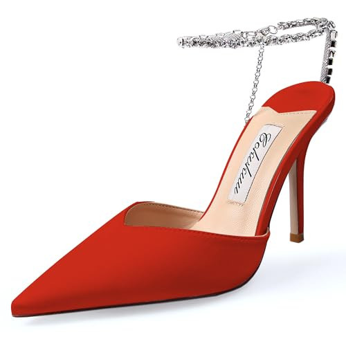 Cokvkuu Women's Red High Heels Closed Pointed Toe Rhinestone Ankle Strap Fashion Sexy Strappy Sandals Comfortable Party Wedding Date Shoes 4 Inch | Amazon (US)