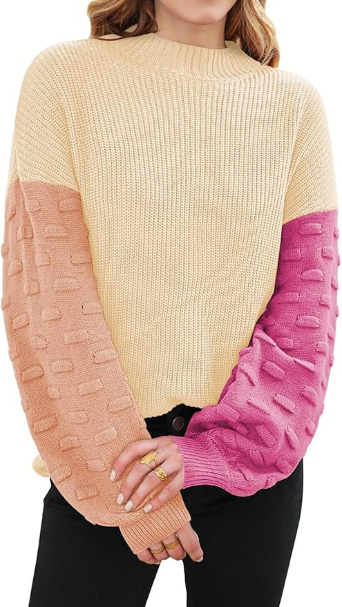 Sovoyontee Women's 2024 Fall Oversized Crewneck Long Puff Sleeve Chunky Knit Pullover Sweater Top... | Amazon (US)