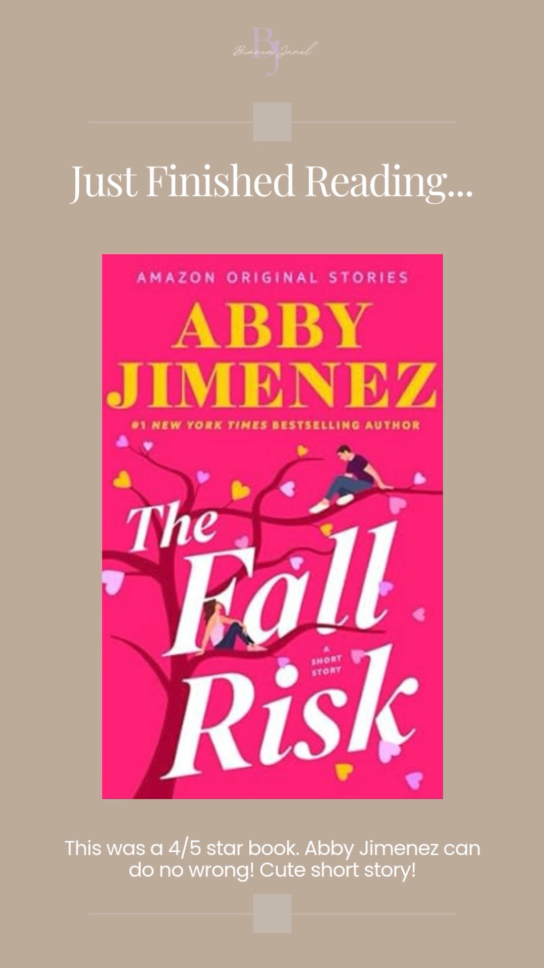 A Short & Sweet Valentine’s Read 💕📖 Just finished The Fall Risk by Abby Jimenez, and it was adorable! A quick, heartwarming story that’s perfect for Valentine’s season. Abby Jimenez always knows how to make you fall in love with her characters! ⭐️ 4/5—highly recommend! 💘 

#BiancaJanel #ValentinesReads #RomanceBooks #BookLover #CurrentlyReading #Bookstagram #CozyVibes #AbbyJimenez #WeekendReads #Bookish #MustRead 

#LTKSeasonal #LTKFindsUnder50 #LTKGiftGuide