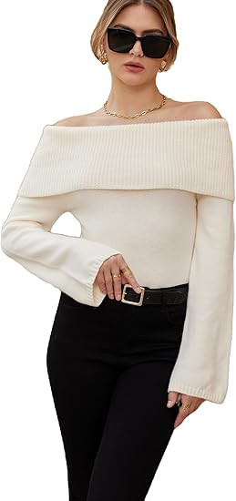 MakeMeChic Women's Off Shoulder Fold Over Long Sleeve Sweater Pullover Tops | Amazon (US)