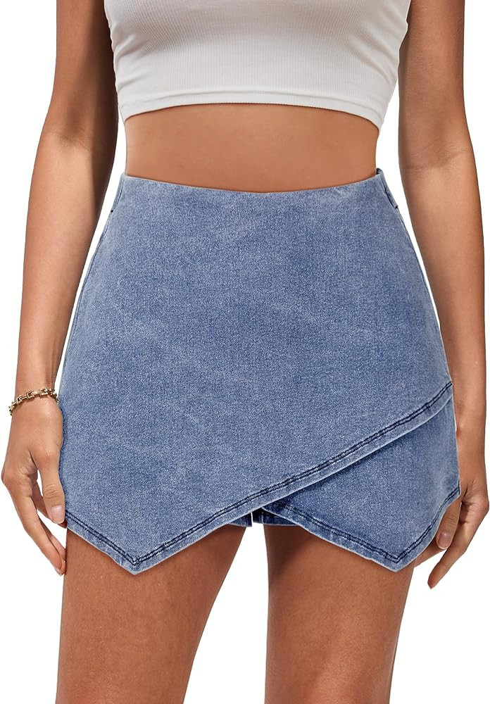 luvamia Jean Skorts for Woman High Waisted Pull On Stretchy Denim Wrap Skirt with Shorts Trendy A... | Amazon (US)