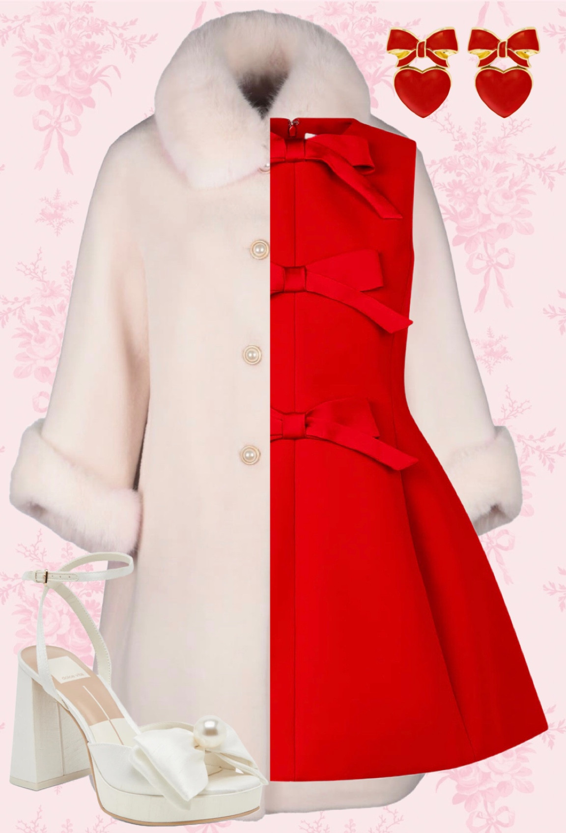 Valentine’s Day outfit with Hill House red bow dress paired with a fur trim coat. Perfect mix or sweet and spicy  