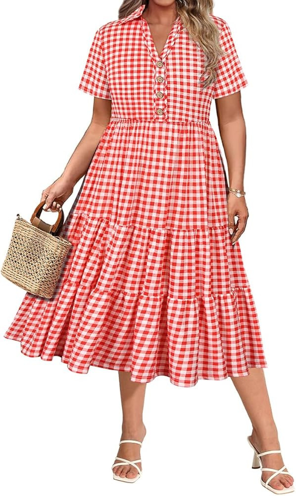 CARCOS Plus Size Dresses for Curvy Women Collared Vneck Short Sleeve Dresses Midi Summer Ruffle D... | Amazon (US)