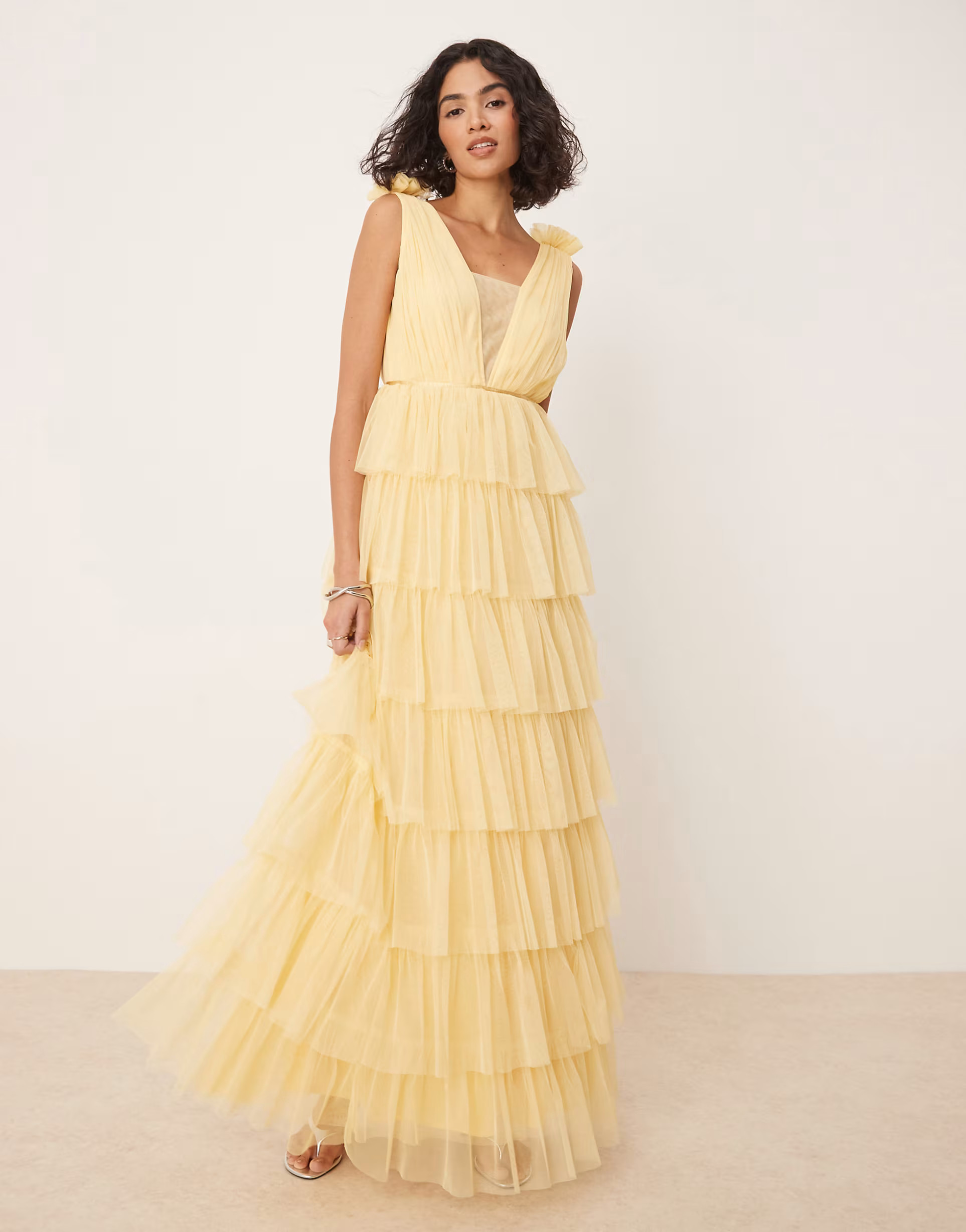 Anaya Plunge front tiered maxi dress in pale yellow | ASOS (Global)