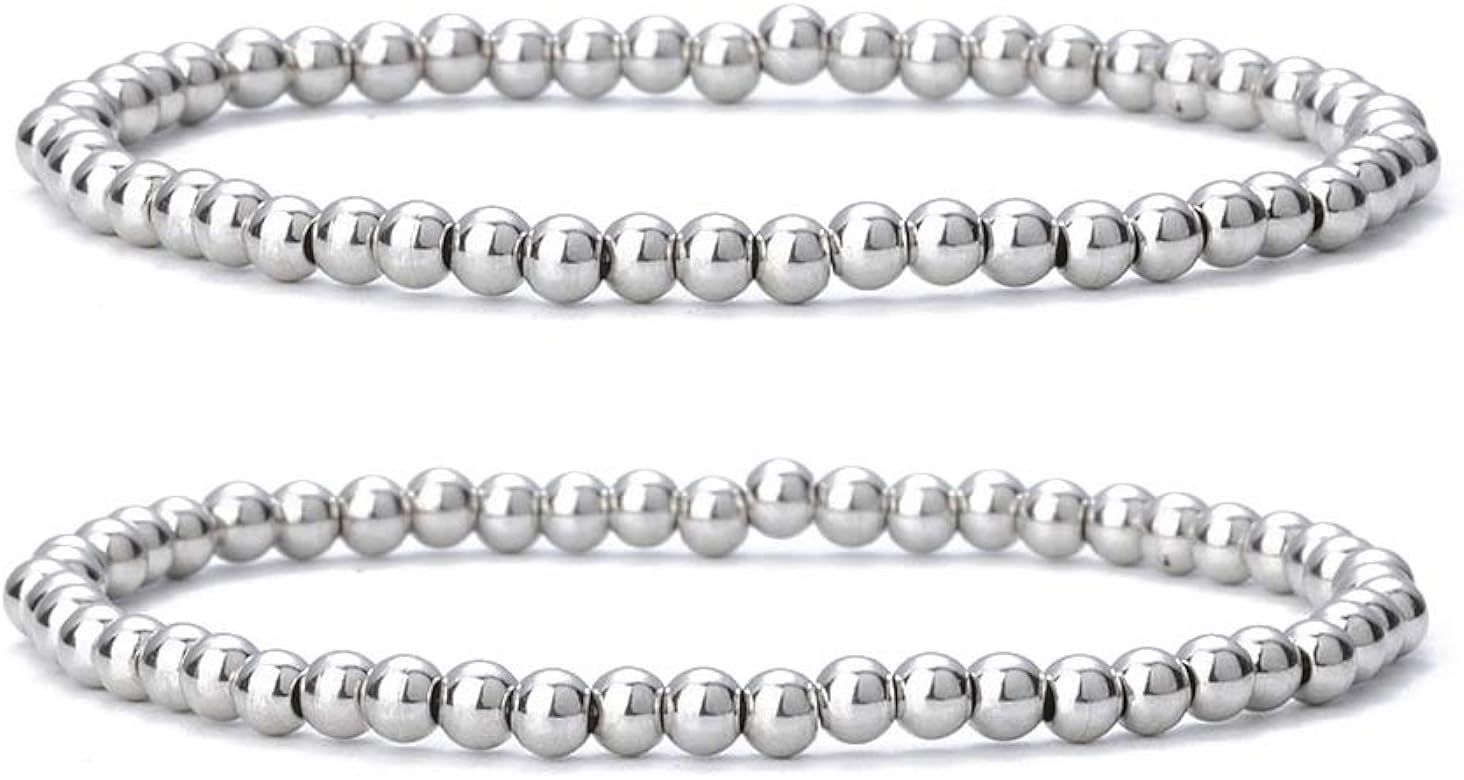 SUMMER LOVE Women 2 Pcs Set Gold/Silver Stainless Steel Beaded Stretch Bracelet Ball Beads Stacki... | Amazon (US)
