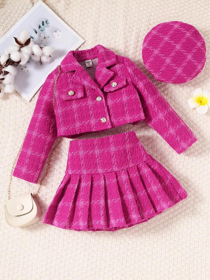 Young Girl Elegant Suit Collar Pocket Plaid Woolen Coat With Button Closure, Pleated Midi Skirt A... | SHEIN
