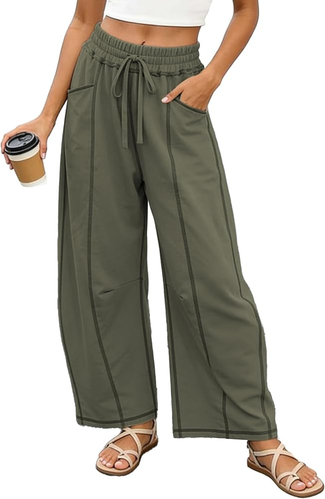 Womens Wide Leg Baggy Barrel Lounge Pants Drawstring Elastic Waist with Pockets Travel and Airpor... | Amazon (US)