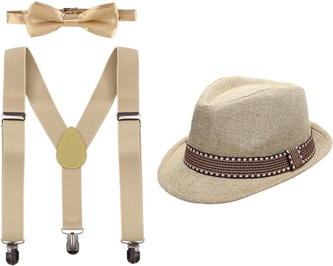 IBTOM CASTLE Boys Kids 3PCS Suspenders Outfit Set Pre Tied Bow Tie Short Trim Fedora Hat for Part... | Amazon (US)
