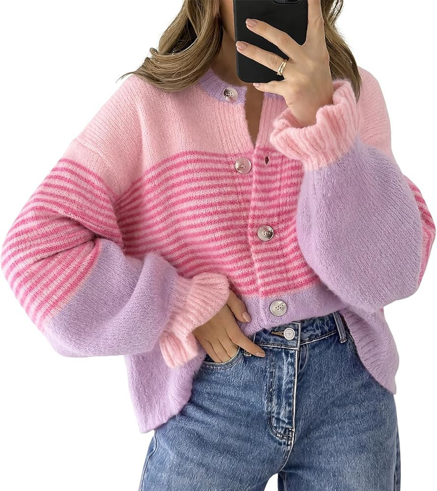 Saodimallsu Womens 2026 Fall Trendy Striped Cardigan Sweaters Ruffle Sleeve Button Up Loose Color... | Amazon (US)