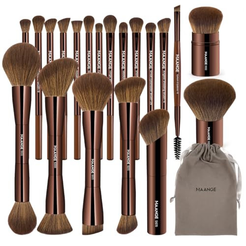 MAANGE 20 PCS Foundation Makeup Brush Set, Double-ended Kabuki Brush Contour for Liquid Powder Concealer Cream Blending Blush Makeup Tools (Brown) | Amazon (US)