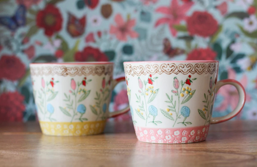 Gisela Graham Pink Band or Yellow Band Hand Painted Rosehip Ceramic Mug | Floral Mug | Etsy (UK)