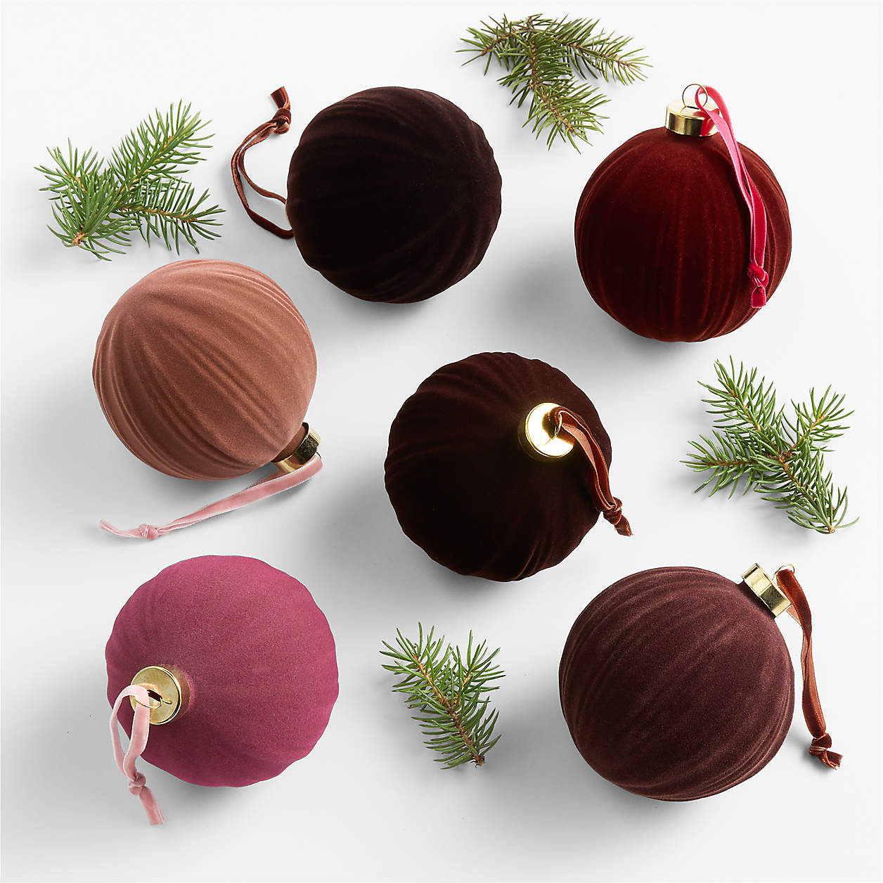 Warm Toned Ribbed Velvet Christmas Tree Ornaments, Boxed Set of 6 + Reviews | Crate & Barrel | Crate & Barrel