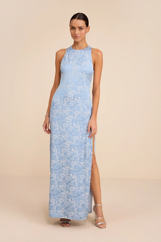 Lamila Light Blue Floral Satin Column Maxi Dress | Lulus